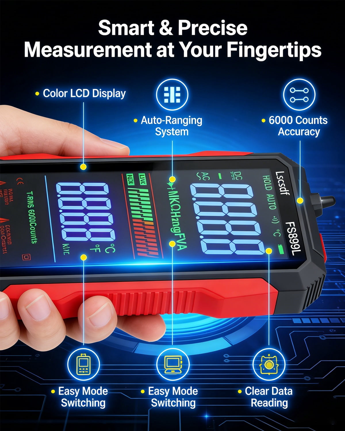 USB Rechargeable Digital Multimeter, 6000 Counts True Rms Tester with Color Screen, Fs899l Auto-Ranging for Home/Industrial/Car Electrical Testing, Measures Voltage Current Resistance