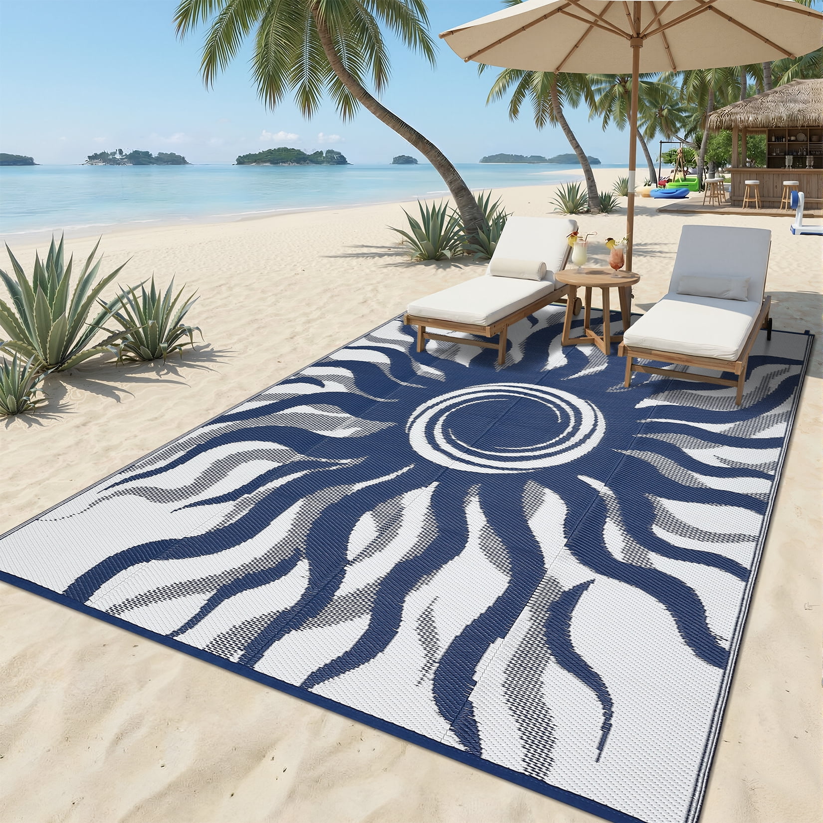 Garvee 9x12ft Outdoor Rug Waterproof Reversible Plastic Straw Rug, Modern Boho Sun Pattern Rug, Large RV Camping Mat Portable Outdoor Carpet for Patio, Balcony, Picnic, Beach, Deck, Dark Blue