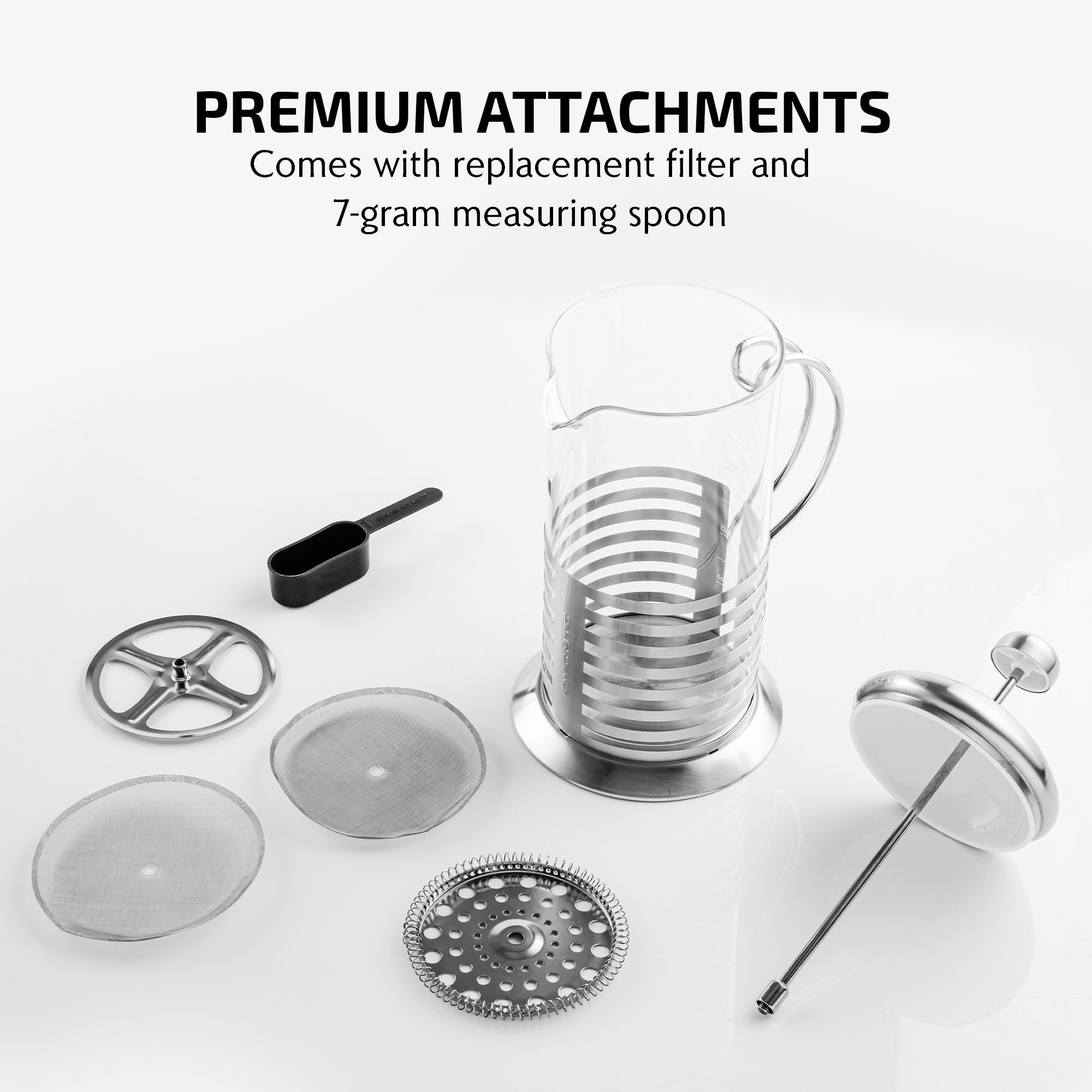 OVENTE 34 Ounce French Press Carafe Coffee & Tea Maker with Scoop, Easy to Clean, Silver FSH34S