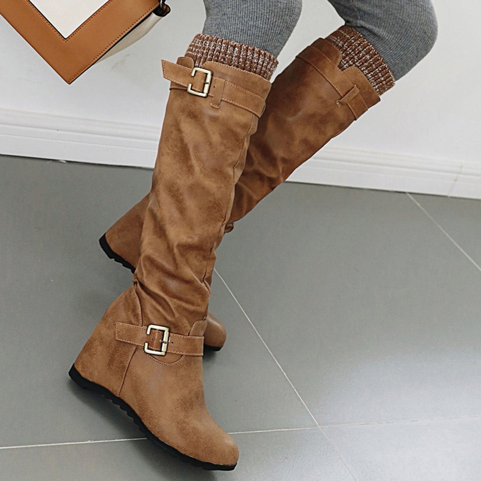 Bmisegm Women s Flat Bottomed High Rise Fashion Inner Height Fall and Winter Belt Buckle British Slope Heel Casual Medium Boots Shoes Boots for Women