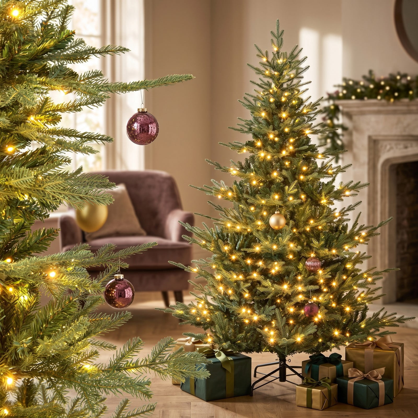 RUIE 7 FT Pre-Lit Artificial Christmas Tree with 350 Warm White LED Lights, 1102 Branch Tips, Hinged Full Spruce Xmas Tree with Metal Stand for Home Holiday, Green