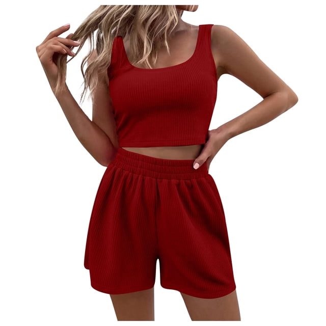 Conjunto de dos piezas de verano para mujer: top corto sin mangas y pantalones cortos de cintura alta, encaje de nailon y spandex, para todo tipo de cuerpos