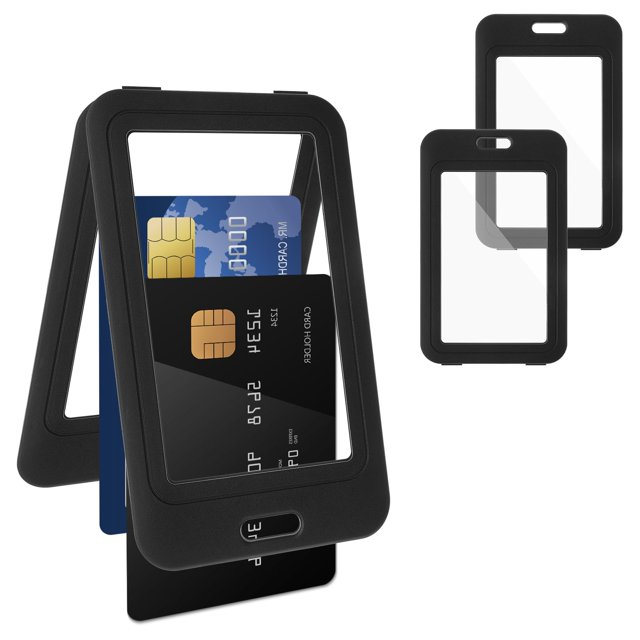 Portatarjetas de identificación vertical de 3 piezas con ventana de doble cara, bolsa protectora de tarjeta negra