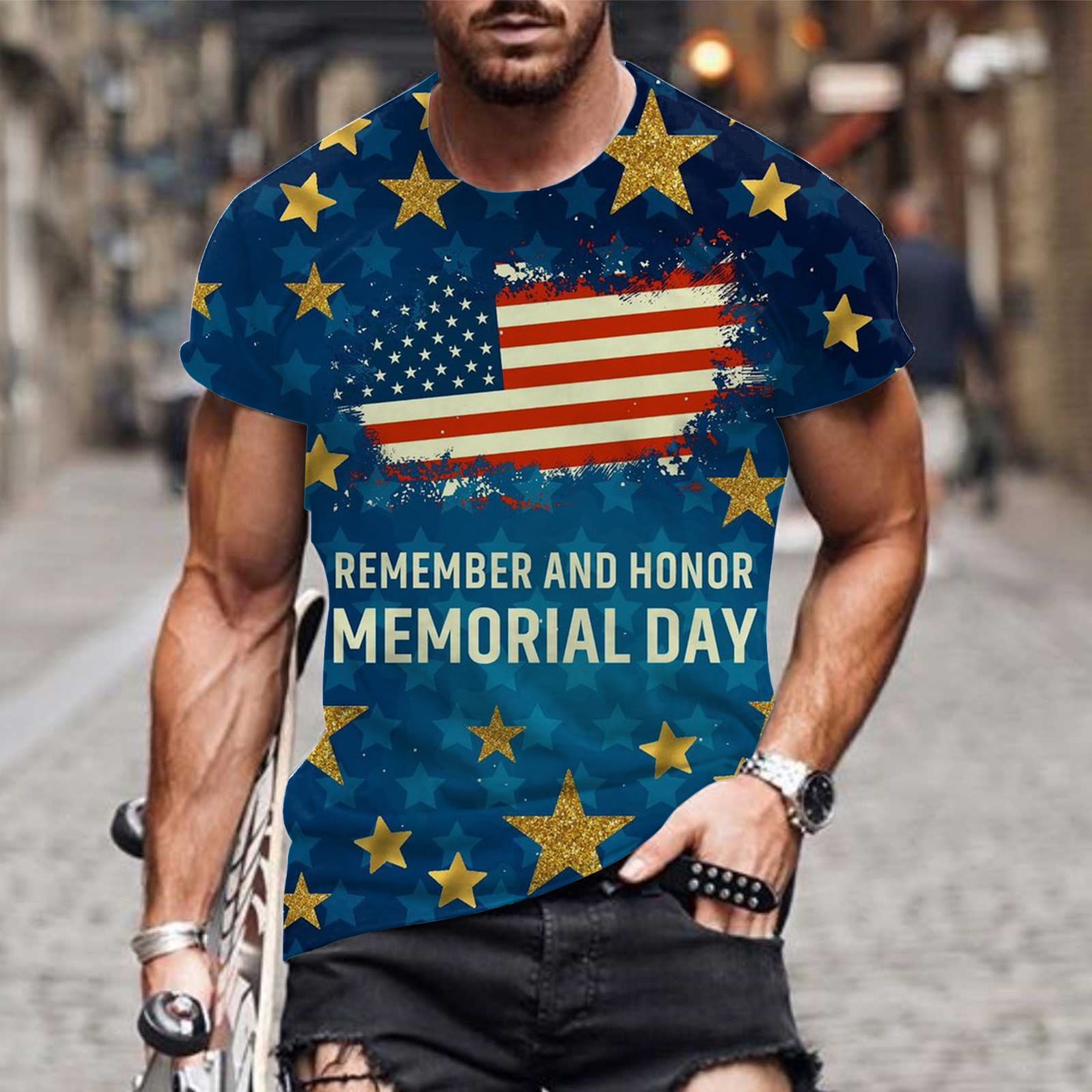 Cllios Men's American USA Flag T-Shirt Summer Casual Short Sleeve 3D Graphic Print Tops Muscle Workout Patriotic Blouse, Size: XL, Blue