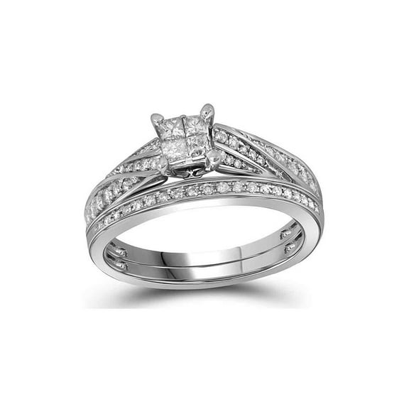 10kt White Gold Womens Princess Diamond Bridal Wedding Engagement Ring Band Set 1/2 Cttw