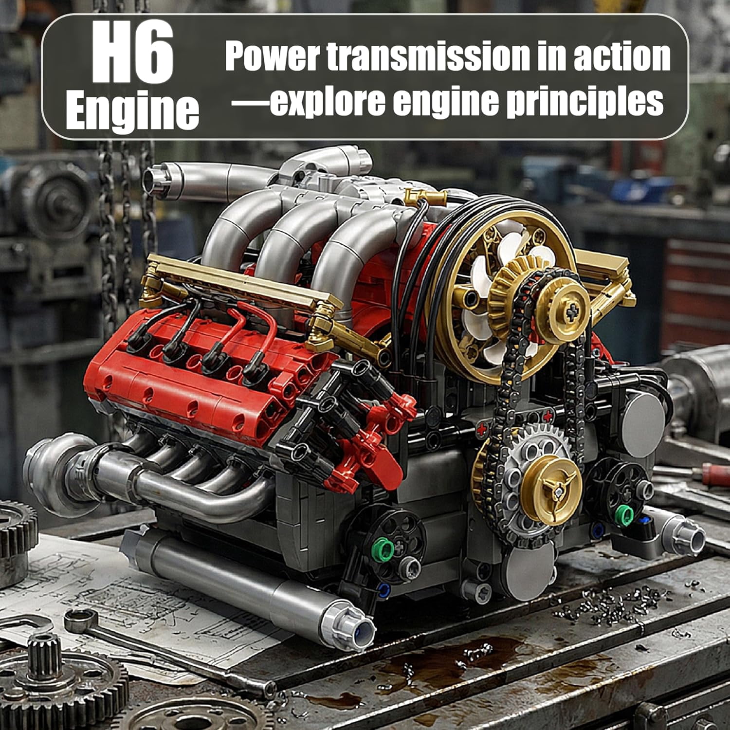 H6 Model Engine Kit that Runs,H6 Engine Building Block Kit 879 PCS, Build Your Own Visible STEM Car Engine with Motor, Physical Science Educational Toy