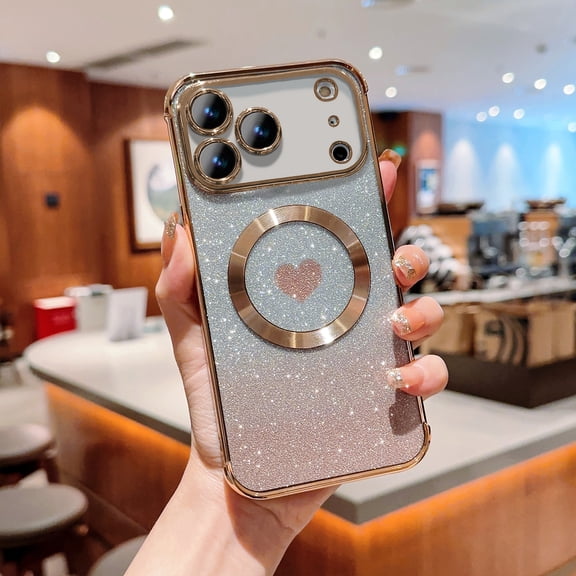 Luxury Glitter Case Compatible with MagSafe For iPhone 17 Pro, Cute Heart Design Gradient Sparkly Bling Magnetic Cover Shockproof Slim Fashion Protective Case for Women Girls,Gold