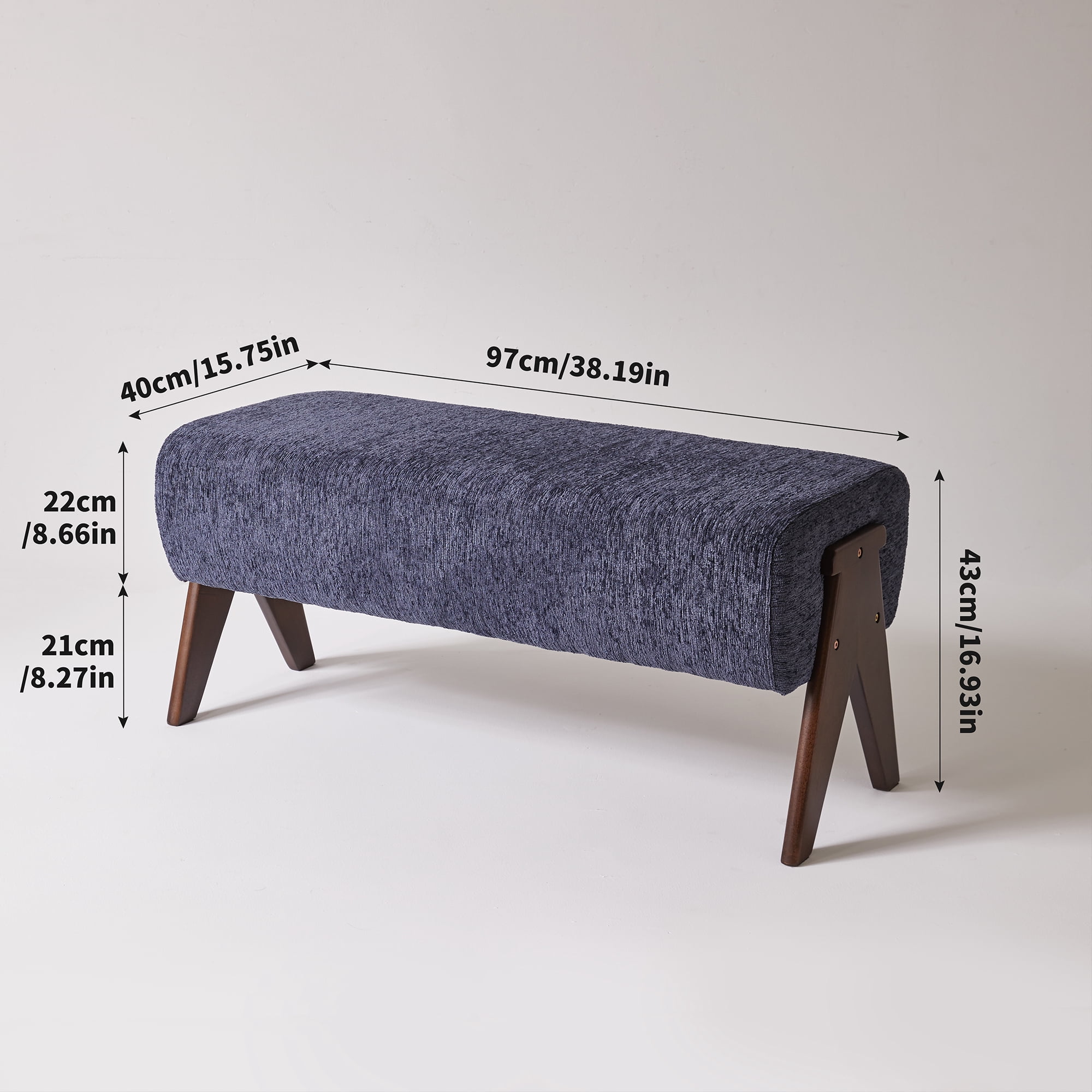 Chenille Upholstered Bench with Solid Wood Legs, Blue, 38.19 in x 15.75 in x 16.93 in