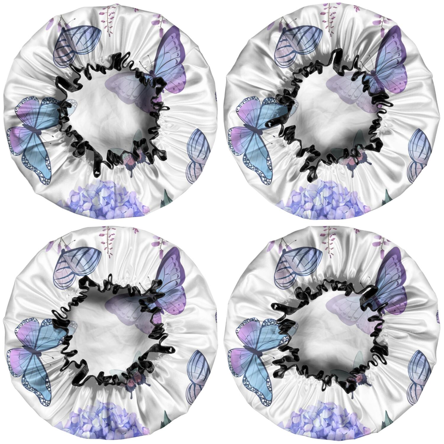 Shower Caps,Pink Butterfly Flower Pattern Waterproof Shower Cap for Women 4 Pieces,Double Reusable Hair Cover for Shower PEVA Elastic Stretch Hem