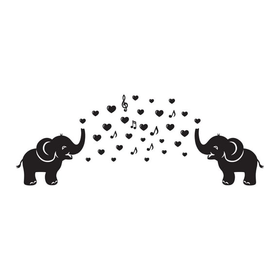 Children Adorable Animal Wall Decal Decoration Cute Happy Elephants Silhouette Little Hearts Music Notes Lasts Years and Easily Removable - Size: 10 In(W) x 6 In(H)