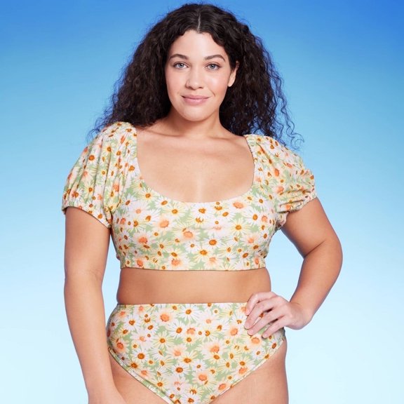 Women's Puff Sleeve Bikini Top, Green Daisy Print 3X