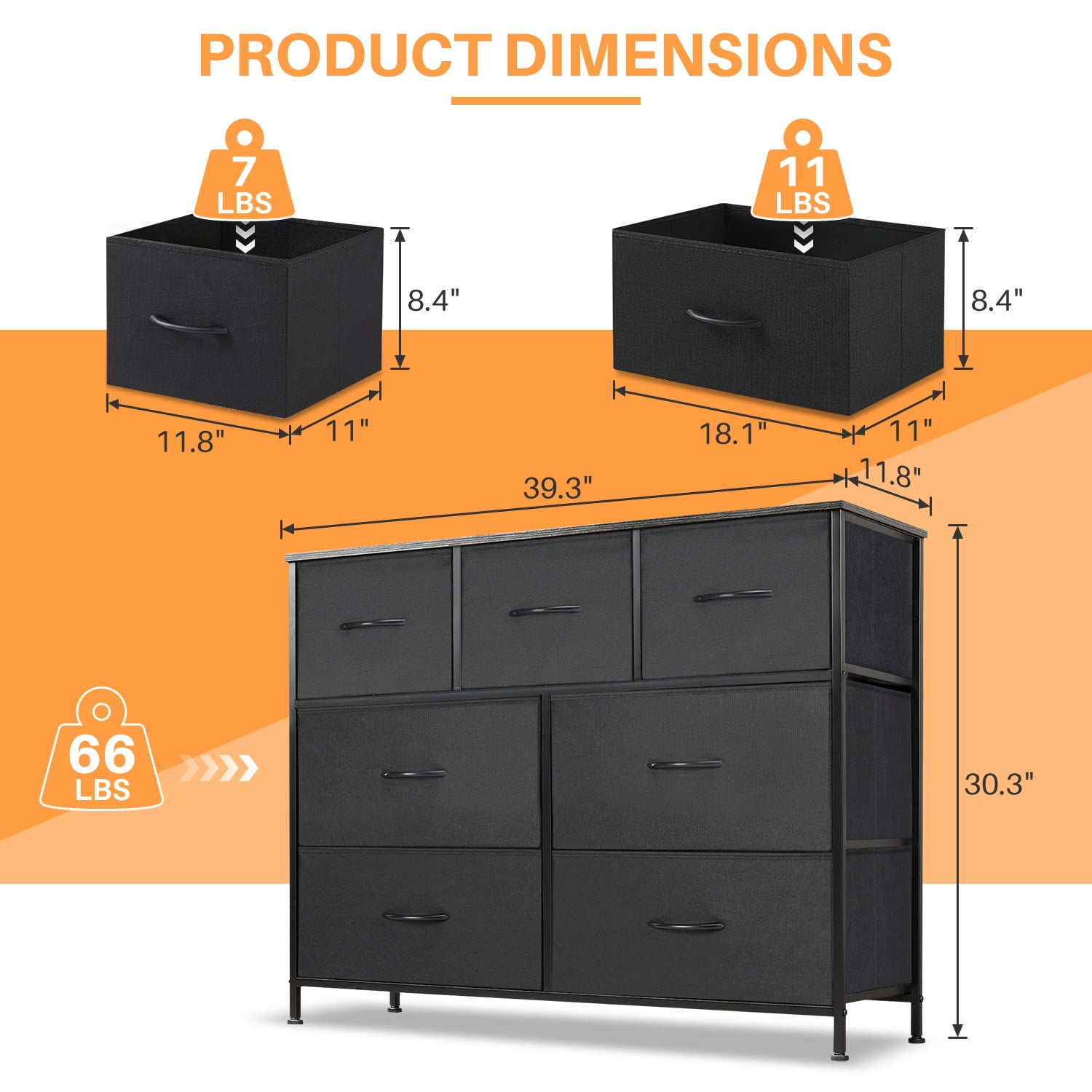 Simenmax 7 Drawer Dresser for Bedroom, Fabric Storage Dresser for Bedroom, Wood and Metal Dresser TV Stand for Living Room, Storage Tower with Bins, Chest of Drawers for Closet, Hallway,Black
