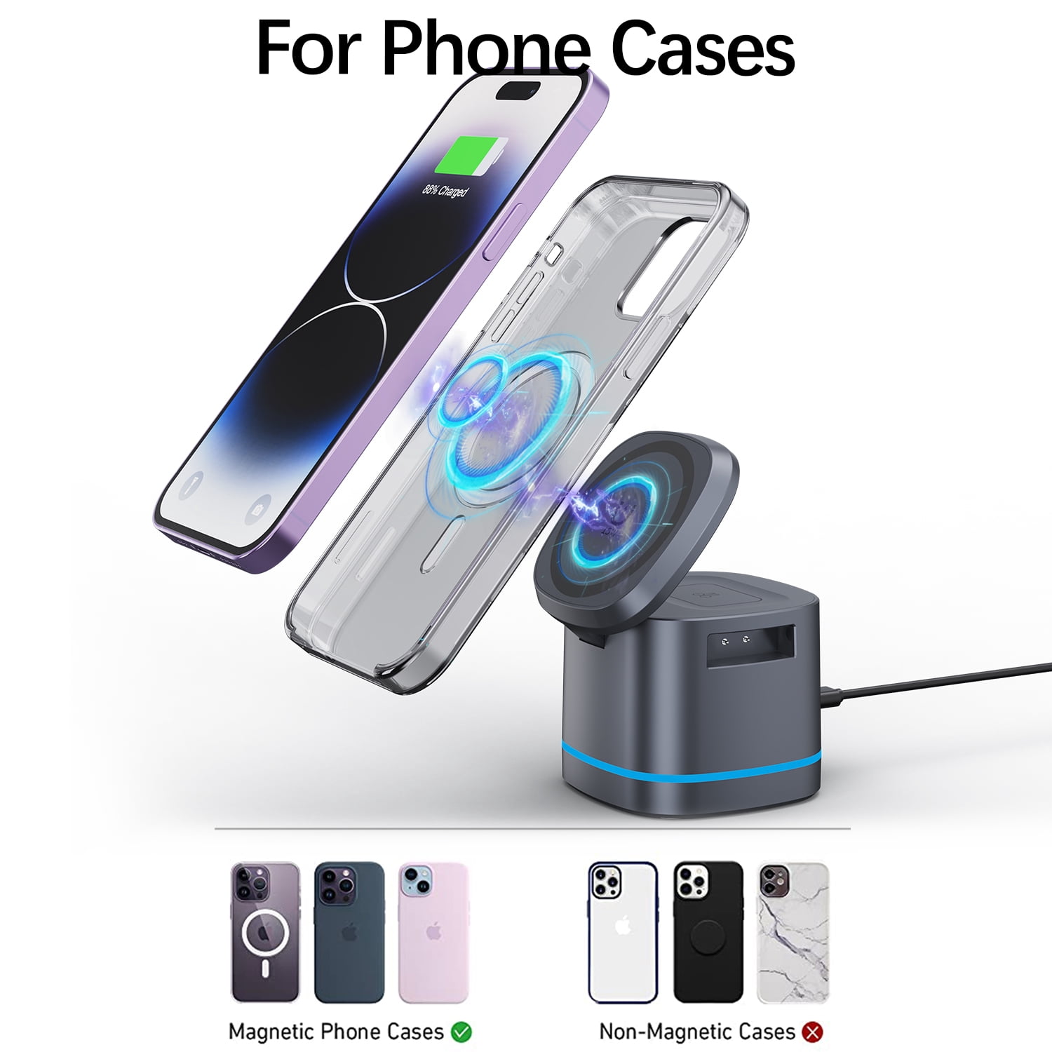 H28 3-in-1 Magnetic Foldable Wireless Charging Station with RGB Light, Strong N52 Magnet 15W Fast Charger for iPhone 17 16 15 14 13 12, Apple Watch, AirPods - Gray