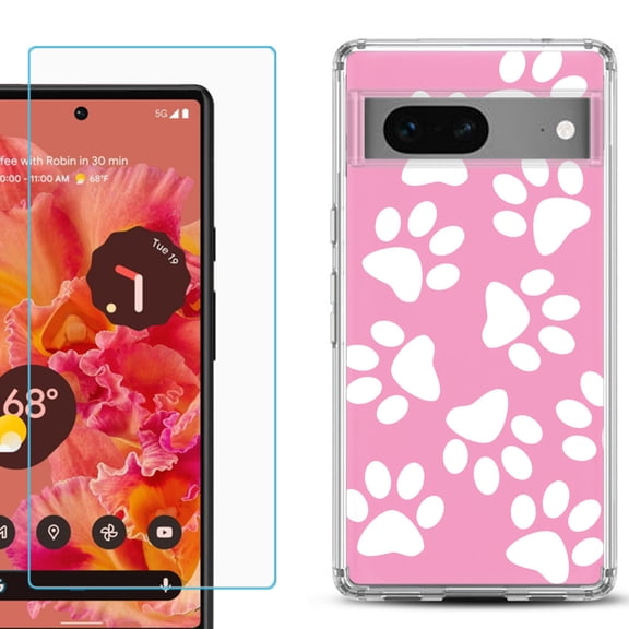 Slim-Fit Gel TPU Phone Case for Google Pixel 7, with Tempered Glass Screen Protector, by OneToughShield ® - Pet Paw/ Pink
