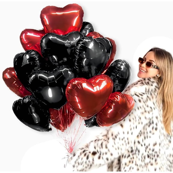Black and Red Heart Foil Balloons, Mylar Balloons for Love Valentines Birthday Wedding Party Decoration