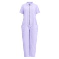 thumbnail image 7 of Riforla Women Solid Short Sleeve Shirt Zipper Elastic Waist Jumpsuit Straight Trousers Pocket Jumpsuits Womens Jumpsuits Purple L, 7 of 7