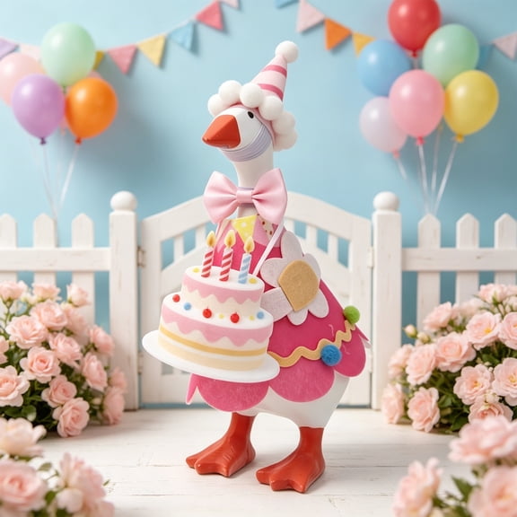 7 Inch Birthday Goose Costume Set Pink Party Hat Bow Dress Cake Accessory Porch Statue Kitchen Tabletop Shelf Home Decor Gift