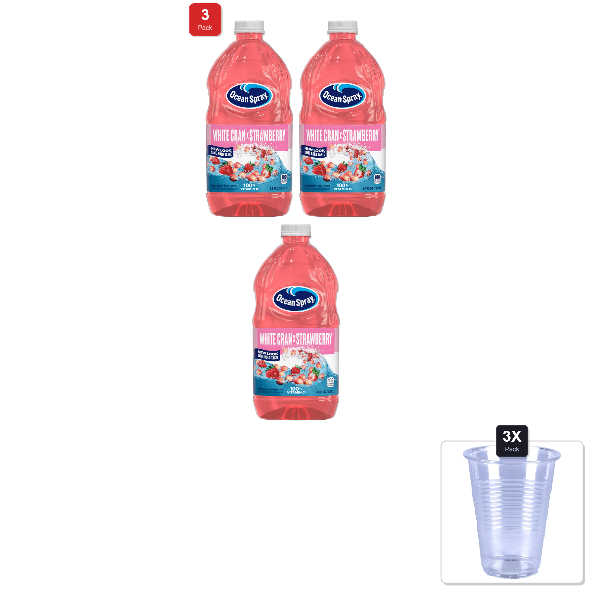 3 Pack | Ocean Spray White Cran-Strawberry Juice Drink, 64 Fl Oz Bottle (Pack Of 1) & 3x Disposable Cup