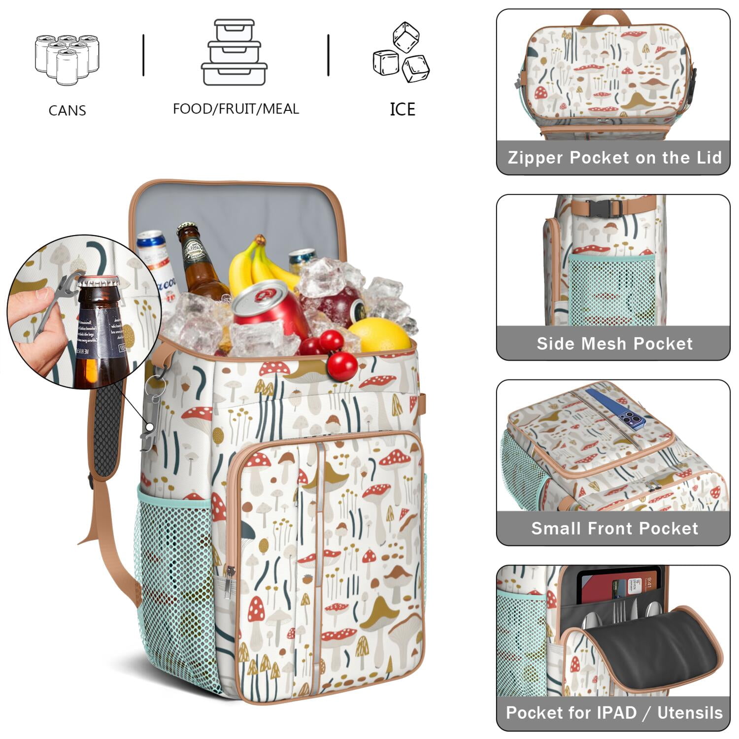Insulated Cooler Backpack,Cooler Bag Insulated Leak Proof Travel Cooler Bag Waterproof Lunch Picnic Beach Work Trip Thermal Bag Drink Beverage Beer Bag Cooler Mushroom