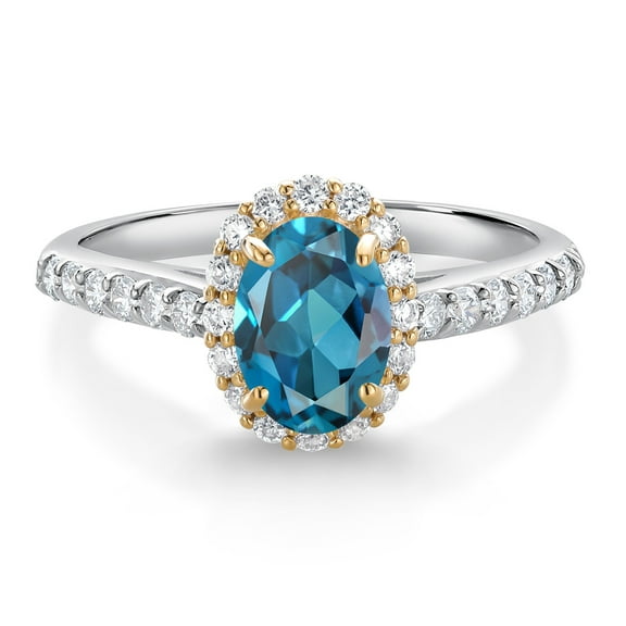 Gem Stone King 10K White Gold London Blue Topaz Lab Grown Diamond Halo Engagement Ring for Women (1.31 Cttw, Oval 7X5MM, Gemstone November Birthstone, Size 9)