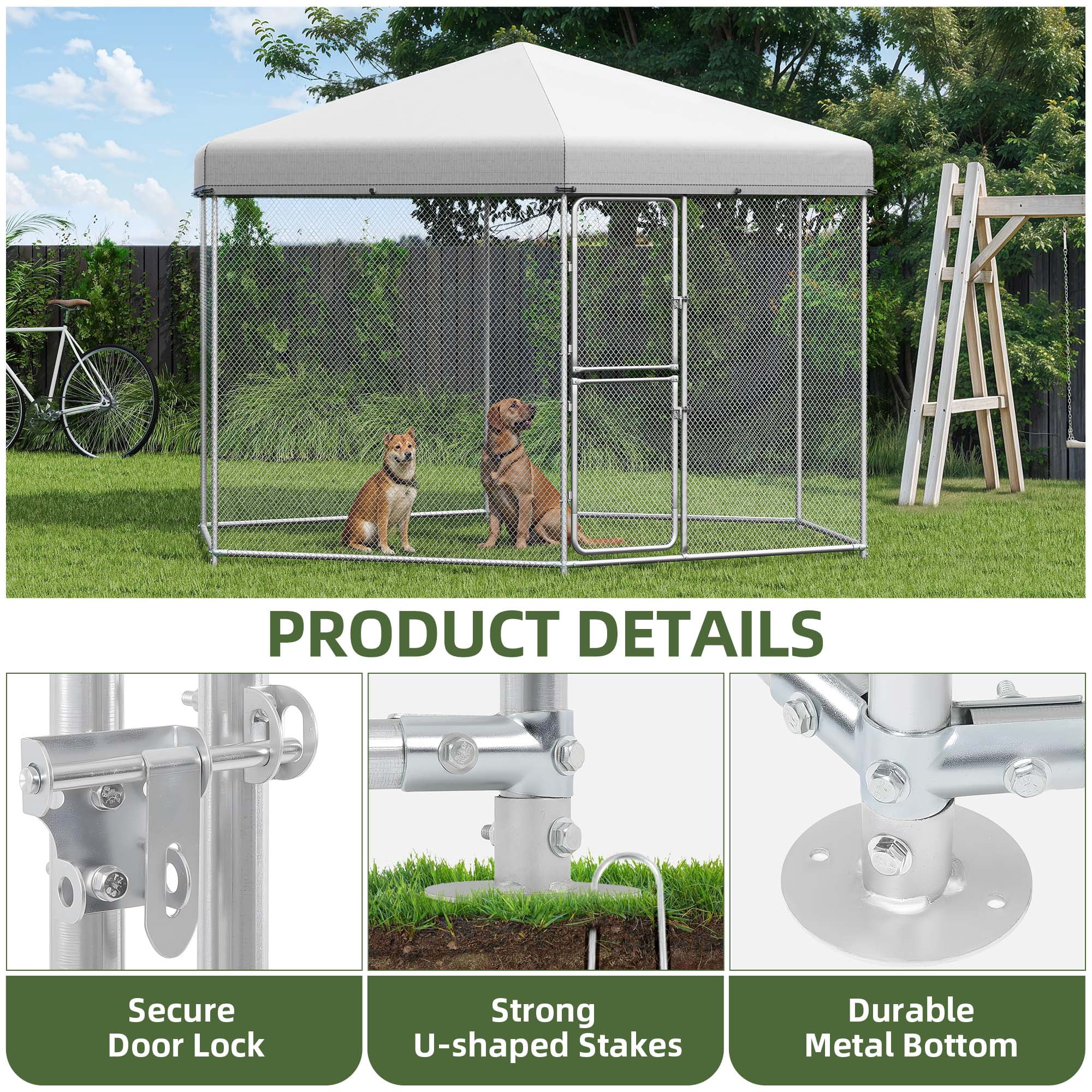 Uforic 13×11×7.6 FT Heavy Duty Outdoor Dog Kennel, Metal Dog House with UV-resistant Tarpaulin and Double-door Lock, Wire Dog Cage for Large Dogs, Silver