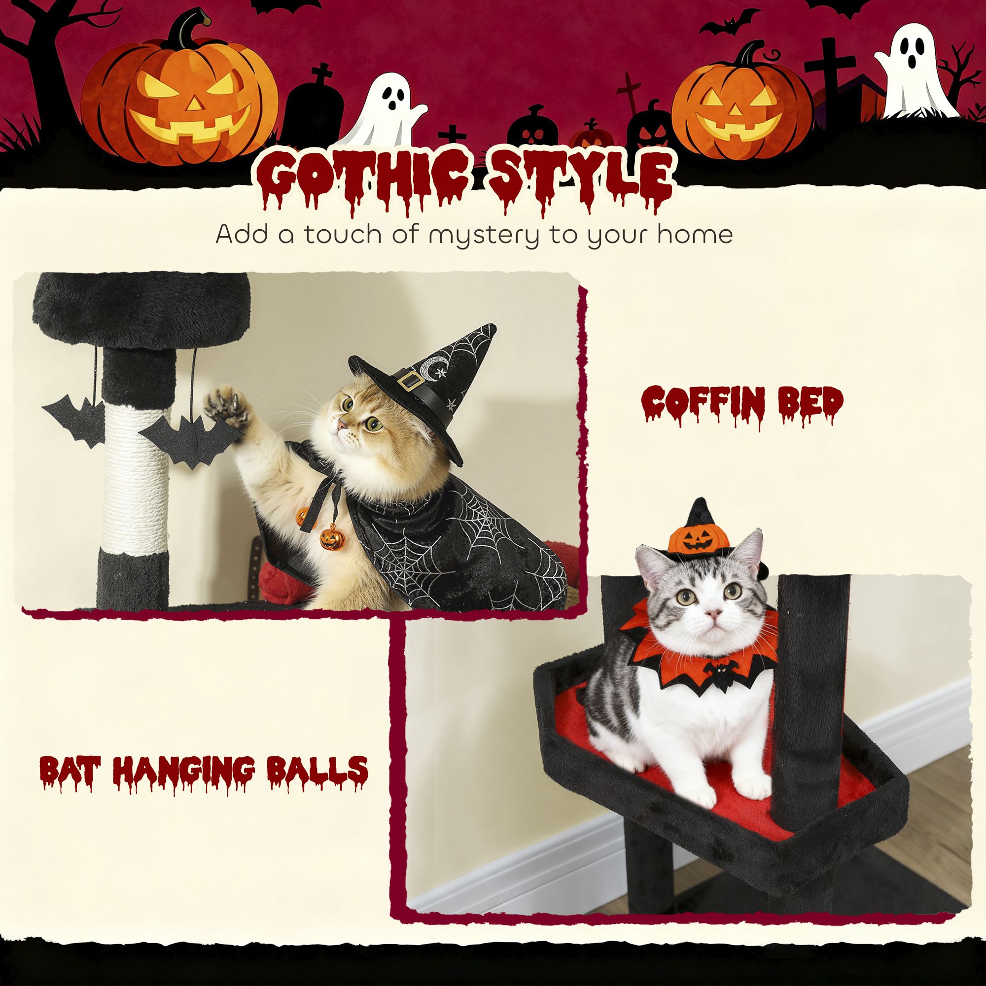 78" Gothic Cat Tree, Cat Tower with Coffin Bed, 2 Spacious Condos, Sisal Scratching Posts, Bat Hanging Balls, Halloween