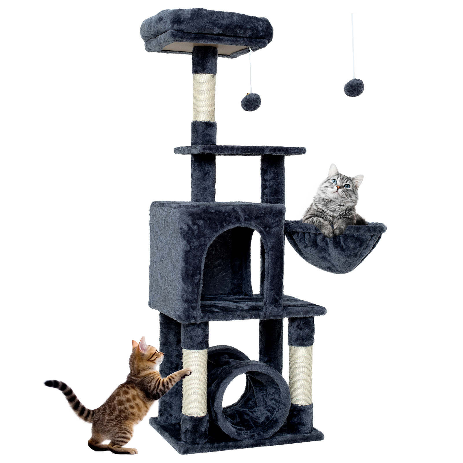 Senbonry Cat Tree for Indoor Cats with Scratching Posts 49in Small Gothic Tower with 9 Inchs Tunnel, Condo, Basket, Pompoms,Dark Gray
