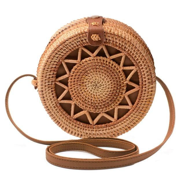 Bolsa de Playa XMLMRY Rattan para Mujer, Hobo Redonda Mediana Dorada