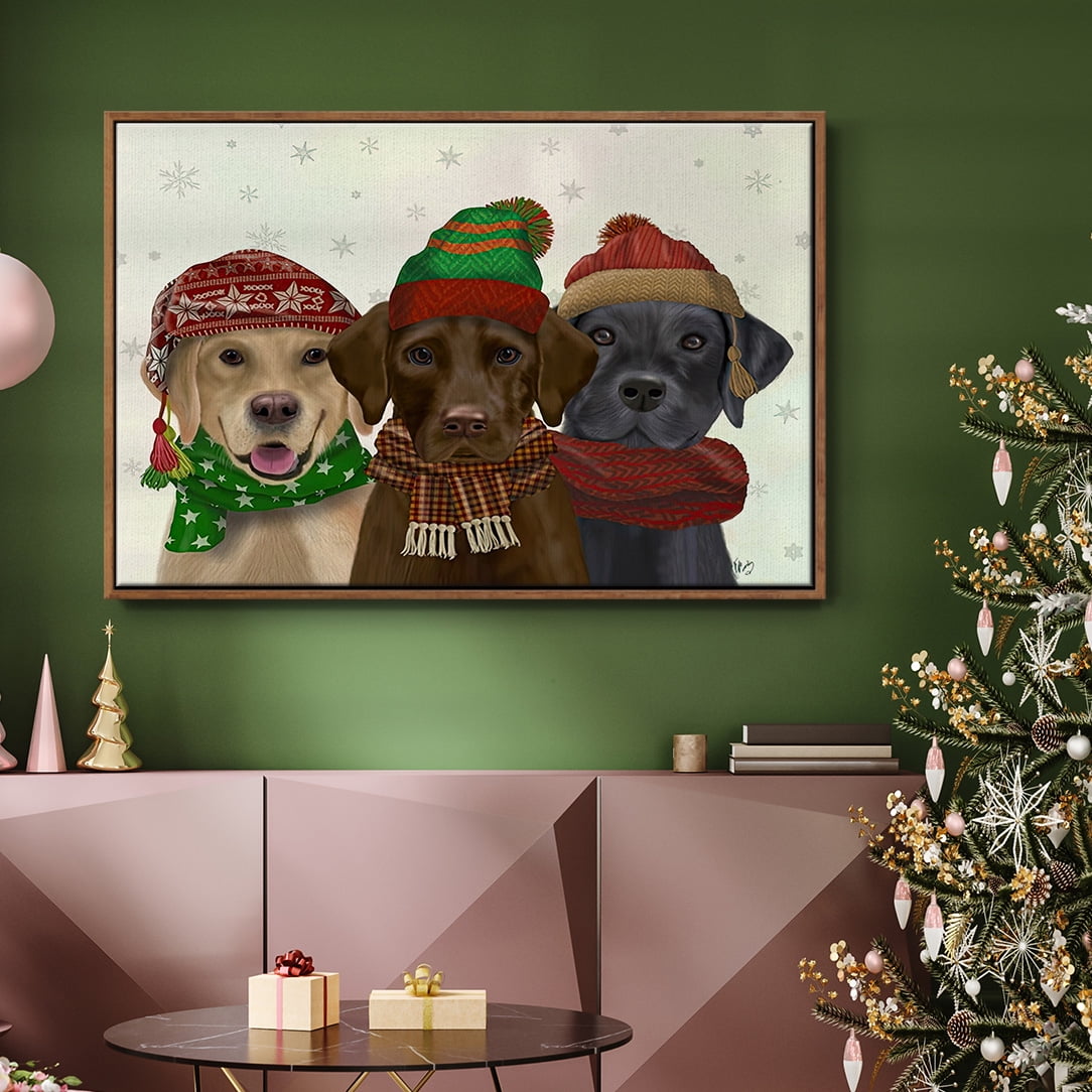 Christmas 3 Winter Labs - Framed Gallery Wrapped Holiday Canvas - 27 x 41 - Rosewood Frame