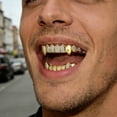 thumbnail image 2 of Copper Zirconia Vampire Fangs Grillz Set, Gold & Silver Tone Iced Teeth Caps with Square Accents,Top and Bottom Dental Jewelry for Hip Hop Parties, 2 of 7