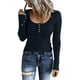 thumbnail image 3 of Prolriy - Camisetas de verano para mujer 2024, camisetas Henley de manga larga, camisetas ajustadas con botones y cuello redondo, camisetas de punto acanalado, camisetas para mujer, azul marino XXL, 3 of 7