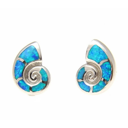 Synthetic Post - 925 Sterling silver Hawaiian nautilus shell blue synthetic opal post stud earrings
