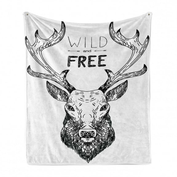 Adventure Soft Flannel Fleece Throw Blanket, Deer Head Tribal Sketch with Antlers Inspirational Wild and Free Phrase, Cozy Plush for Indoor and Outdoor Use, 50" x 60", Black White, by Ambesonne