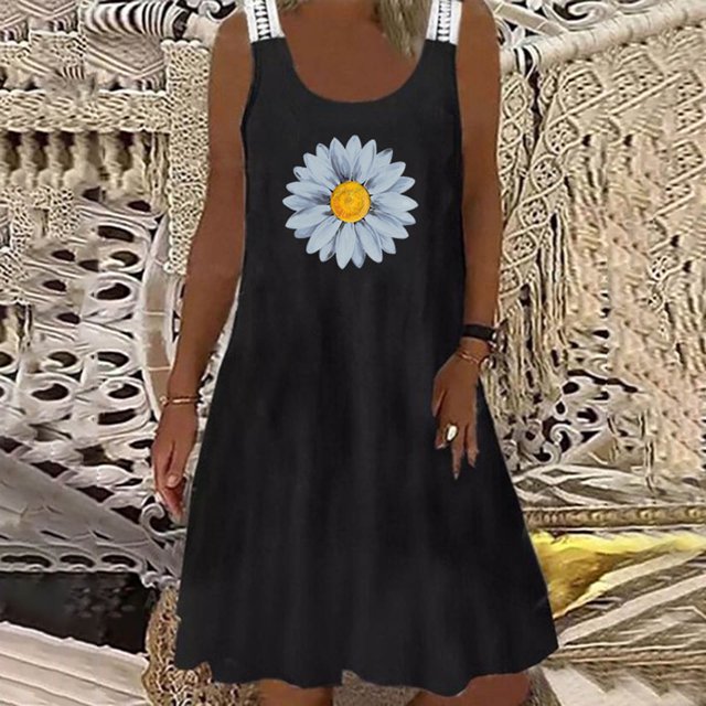 HKEJIAOI Robe en Dentelle pour Femmes Robe d'Anniversaire Mode Femmes Décontractée Aguichant Col Rond Imprimé Dentelle Sans Manches Mini Robe Jaune Rabais Liquidation