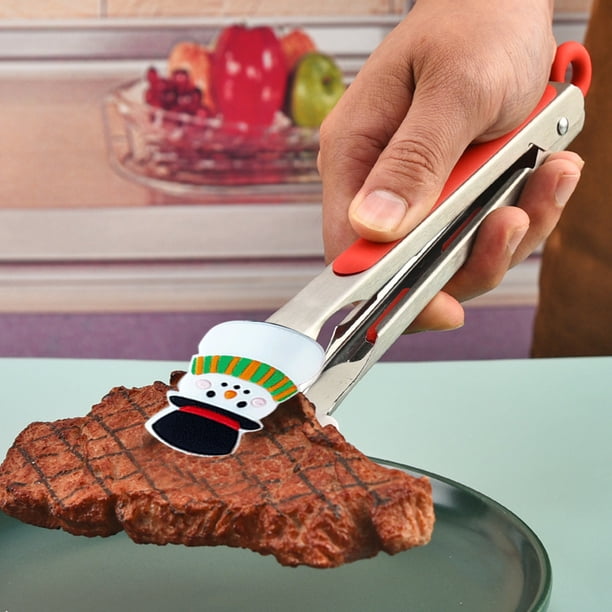 pstuiky Pinzas para alimentos de gel de sílice de acero inoxidable de 10 pulgadas con diseño navideño pinzas para barbacoa utensilios de cocina ideales para el hogar.