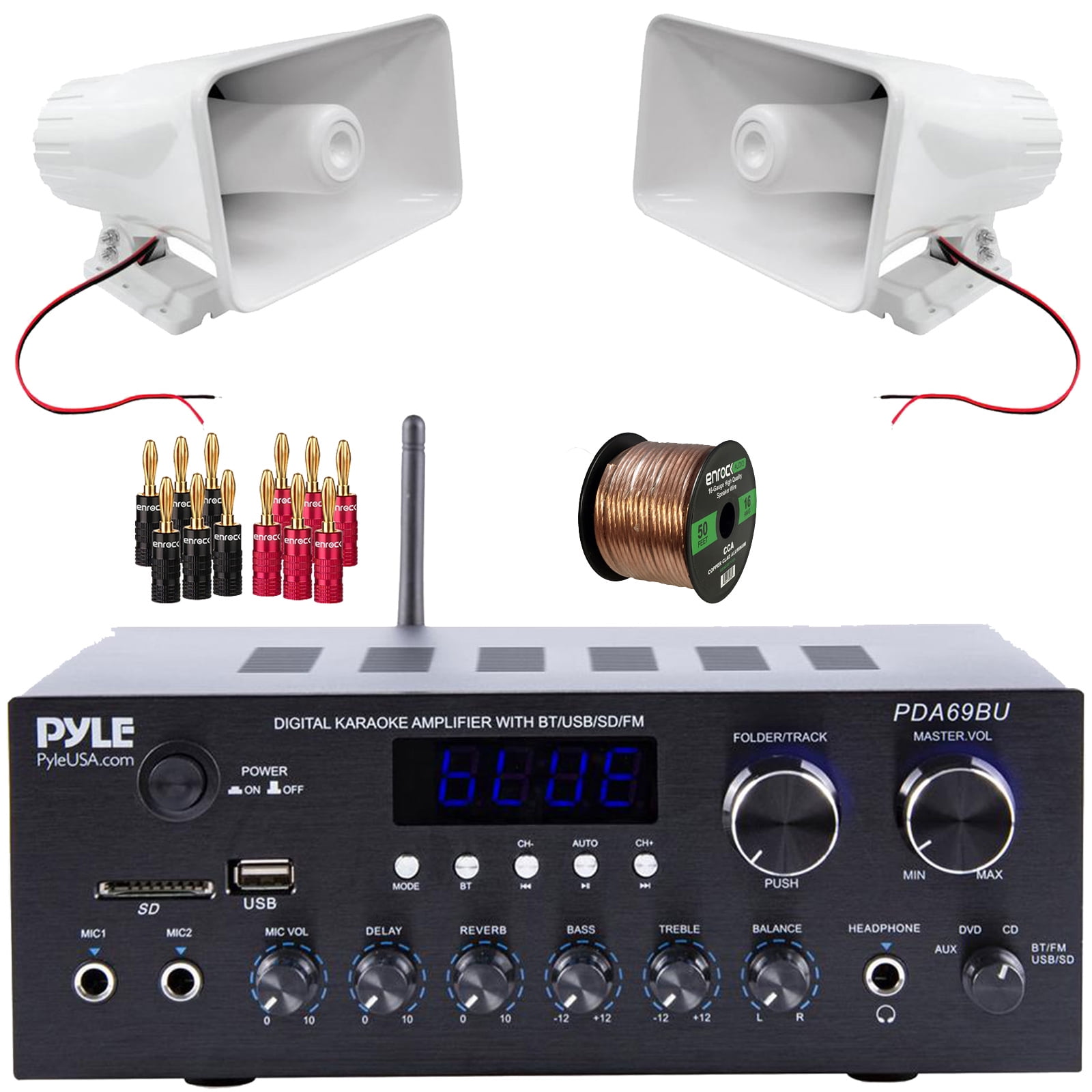 Pyle PDA69BU Bluetooth USB/AUX MP3 Player FM Radio Home Audio Stereo Amplifier Receiver, 2x Pyle PHSP5 8'' 65 Watt Max Power 8-Ohms Indoor/Outdoor PA Horn Speakers, Banana Plugs, Speaker Wire
