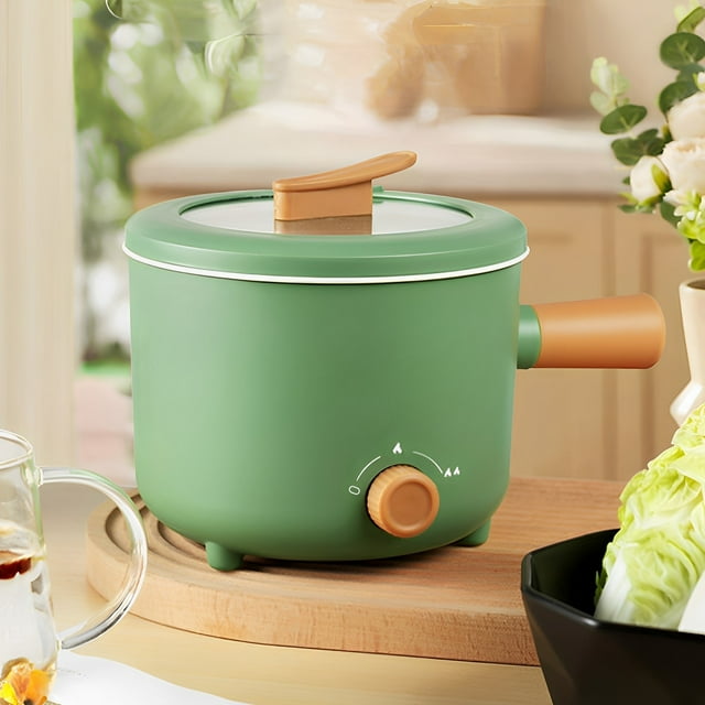 Electric Hot Pot with Handle 2 Gear Mini Hot Pot Cooker Non-Stick Electric Cooking Pot 1.8L/55oz Mini Hot Pot with Wooden Spatula Steam Rack Over Heating Boil Dry Protection for Noodles Porridge