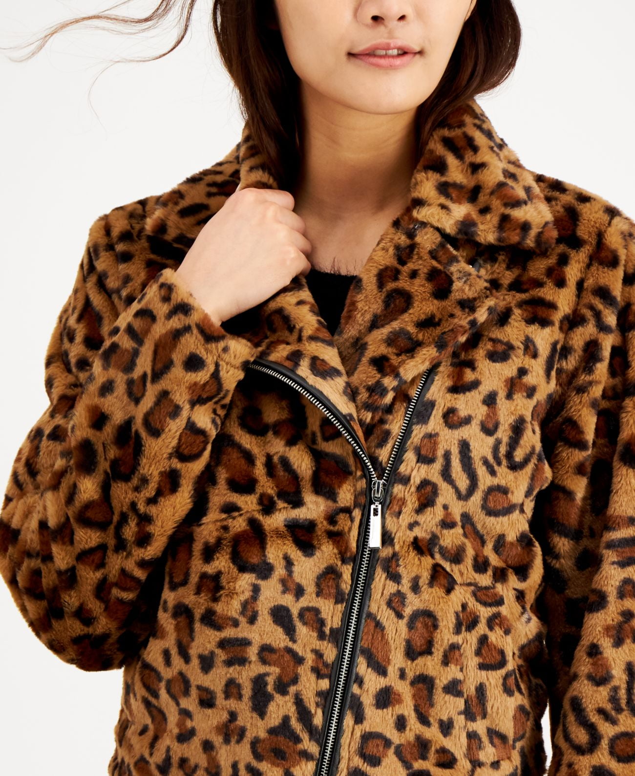 ジャケット・アウター GUAGLIANONE leather leopard zip jacket Jou Jou Juniors' Faux-Fur Leopard-Print Moto Jacket, Brown