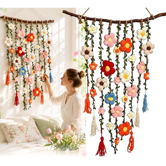 Boho Crochet Flower Wall Hanging – Handmade Cotton Floral Tapestry with Cascading Blooms | Farmhouse Style Wall Decor for Bedroom, Living Room & Entryway(M)