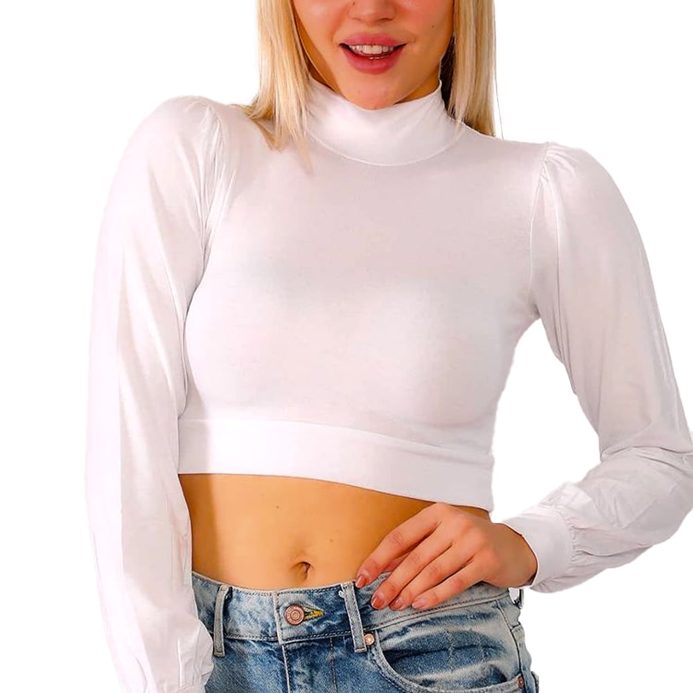 U-Wear Women&#8217;s Puff Sleeve Mock-Turtleneck Crop Top Blouse, Small - Walmart.com