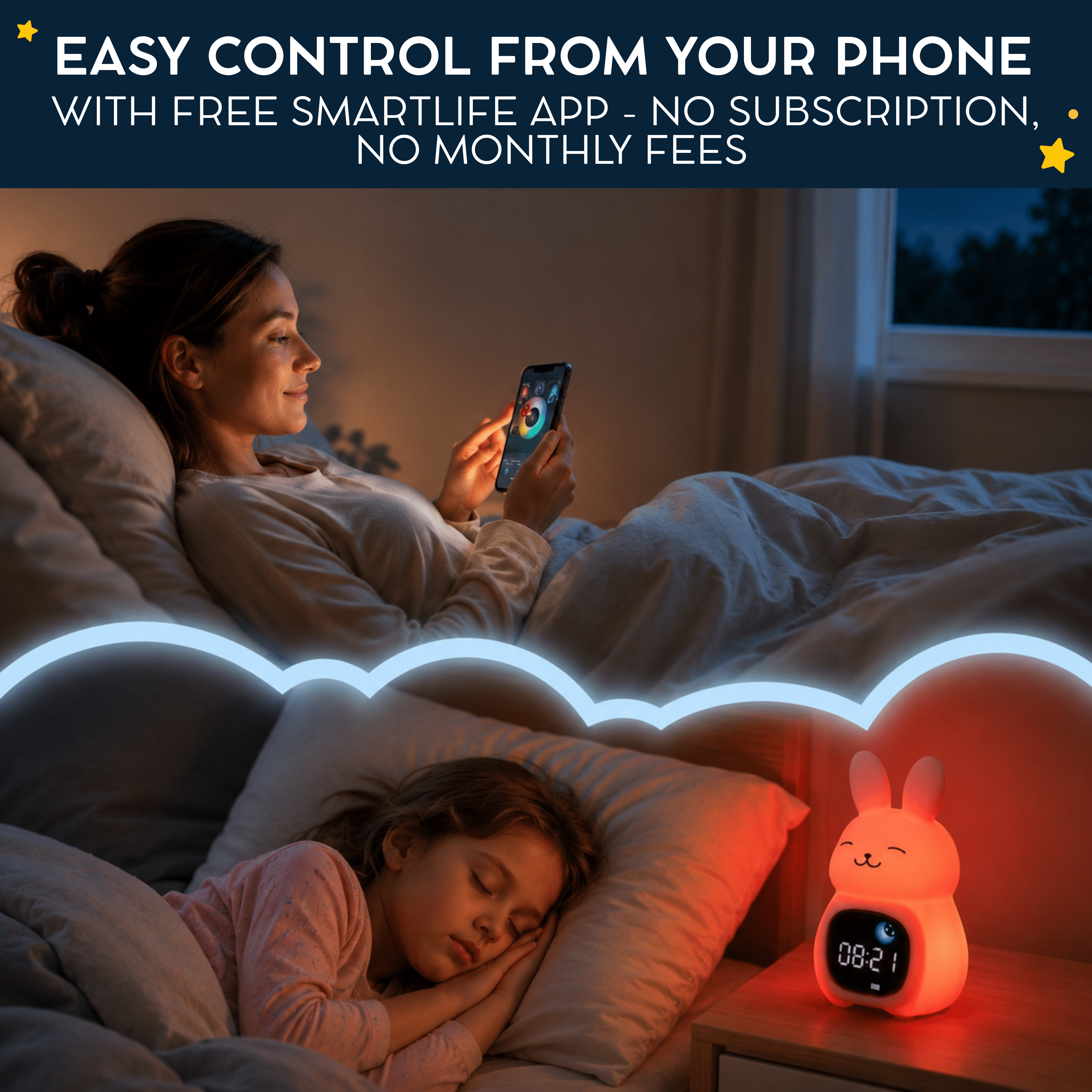 Bumble & Bright Kids Alarm Clock – App-Controlled Sleep Trainer with 8 Night-Light Colors, 6 Soothing Sounds & Backup Battery – USB-C Corded Bunny Clock for Boys & Girls