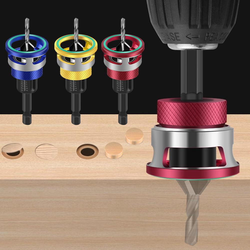 Countersink Drill Bit Set with Adjustable Depth Stop, 4 Pcs Carbon Steel Tapered Bits (2.8/3.2/3.5/4.0mm) with 1/4" Hex Shank,  for Precise Woodworking, Plywood, MDF and DIY Projects