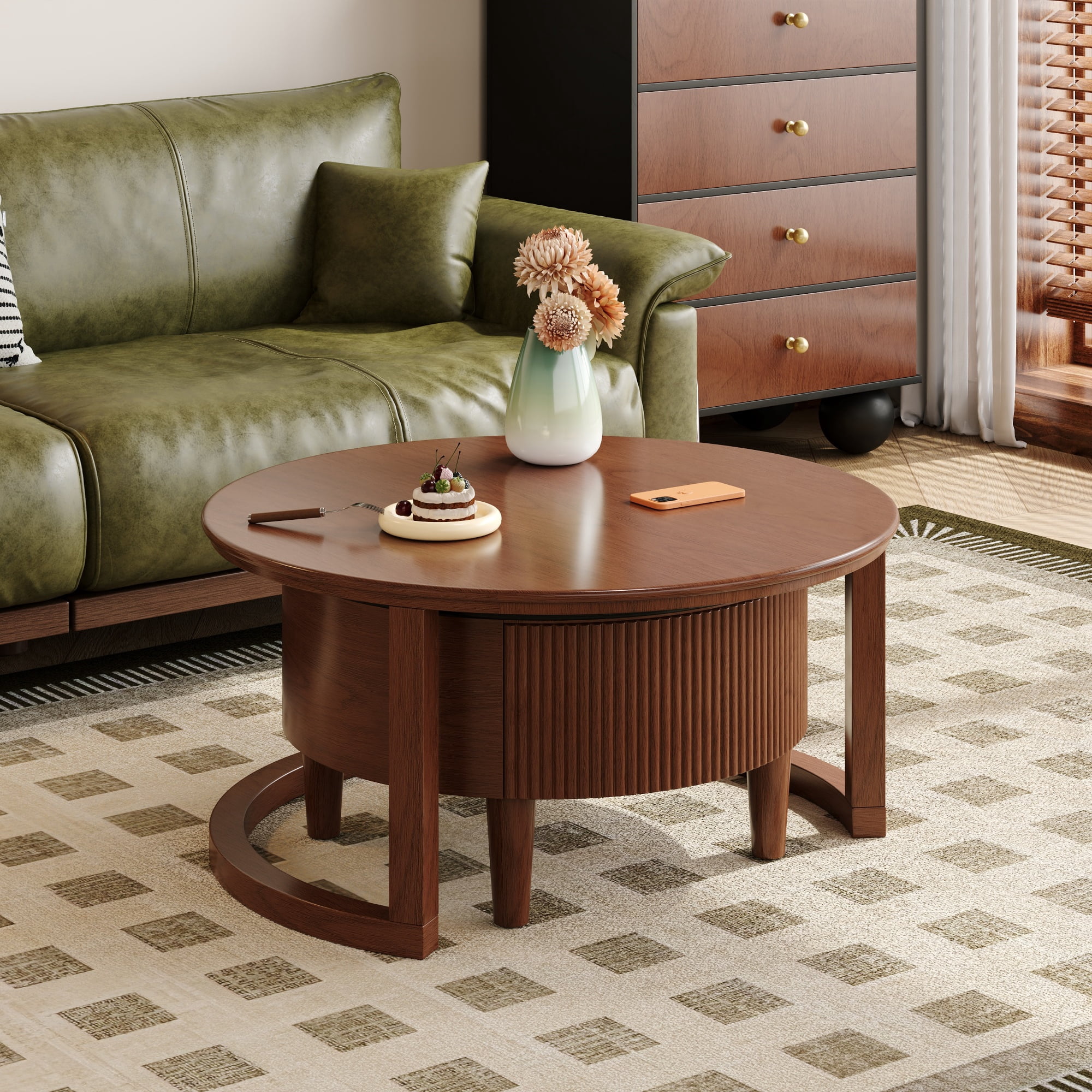 Euroco Vintage Round Nesting Coffee Table Fluted with Drawer in Black & Walnut in 31.5''