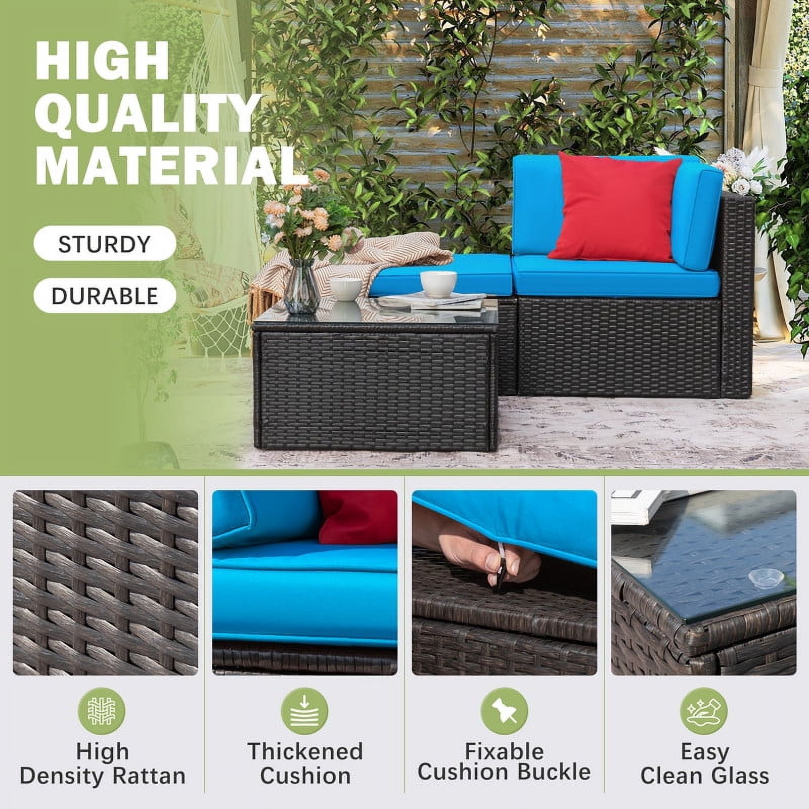 Devoko Outdoor Sectional Sofa PE Rattan Patio Furniture Sets with Cushions and Table,Blue