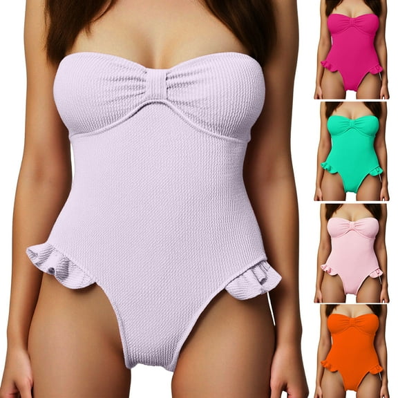 TTUHYWXI Women's Bandeau Ruffle Tummy Control One Piece Swimsuit Slimming Ruched Strapless Bathing Suit (Light Purple, XL)