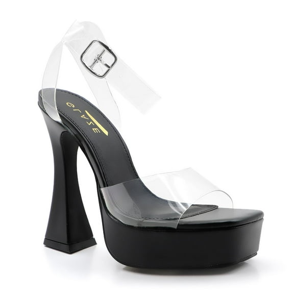 GJPBGK Women Platform Stiletto Heels Clear Strap Sandals with Flared Heel and Gold Buckles Comfortable Thick Sole Heel for Daily Wear