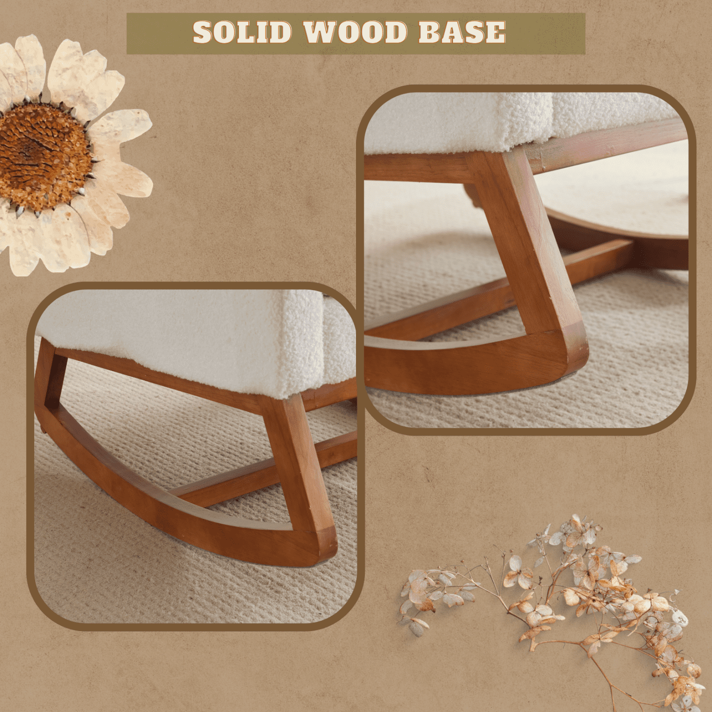Rocking Chair Nursery with Thick Headrest, Upholstered Mid-Century Modern Nursing Rocker Glider with Curved Armrest, Sturdy Solid Wood Base for Living Room, Bedroom, Baby Room (White Teddy Fleece)