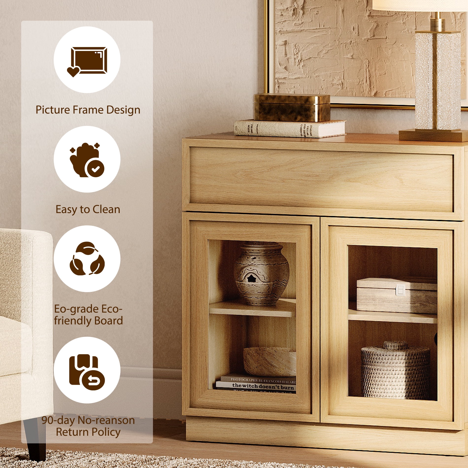 Modern 72"Tall Sideboard, Wood Buffet Display Cabinet with Glass Doors, Drawers and Adjustable Shelves, Multi-Layer Storage Console for Dining Room,Living Room,Entryway,Oak