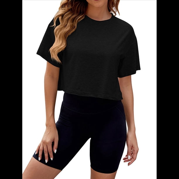 Camiseta de Hombros Caídos para Mujer, Camiseta Corta de Media , Cuello Redondo, Corta, Tops Casuales de Verano Lisos. Negro L