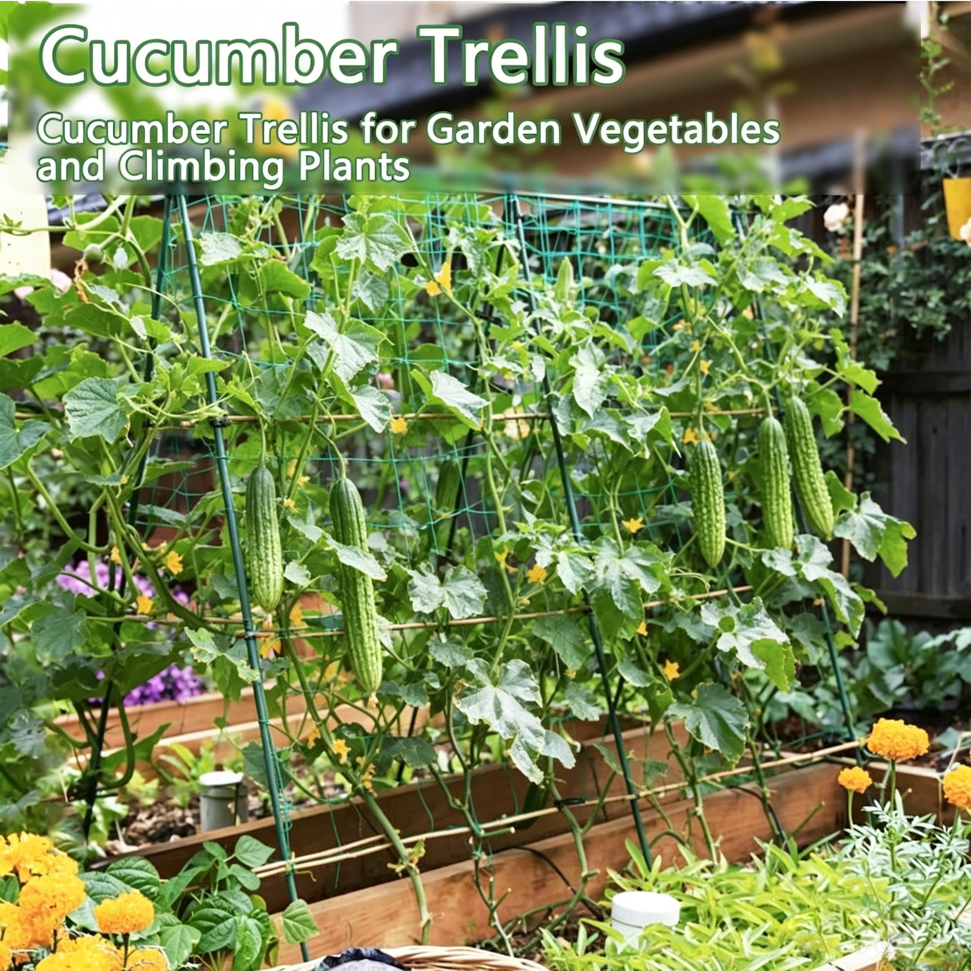 Cucumber Trellis for Climbing Plants Outdoor,48 X 48In Foldable A-Frame Trellis Tall Cucumber Trellis for Raised Bed Garden Trellis for Vegetables with Climbing Net for Bean Squash,Grape Zucchini